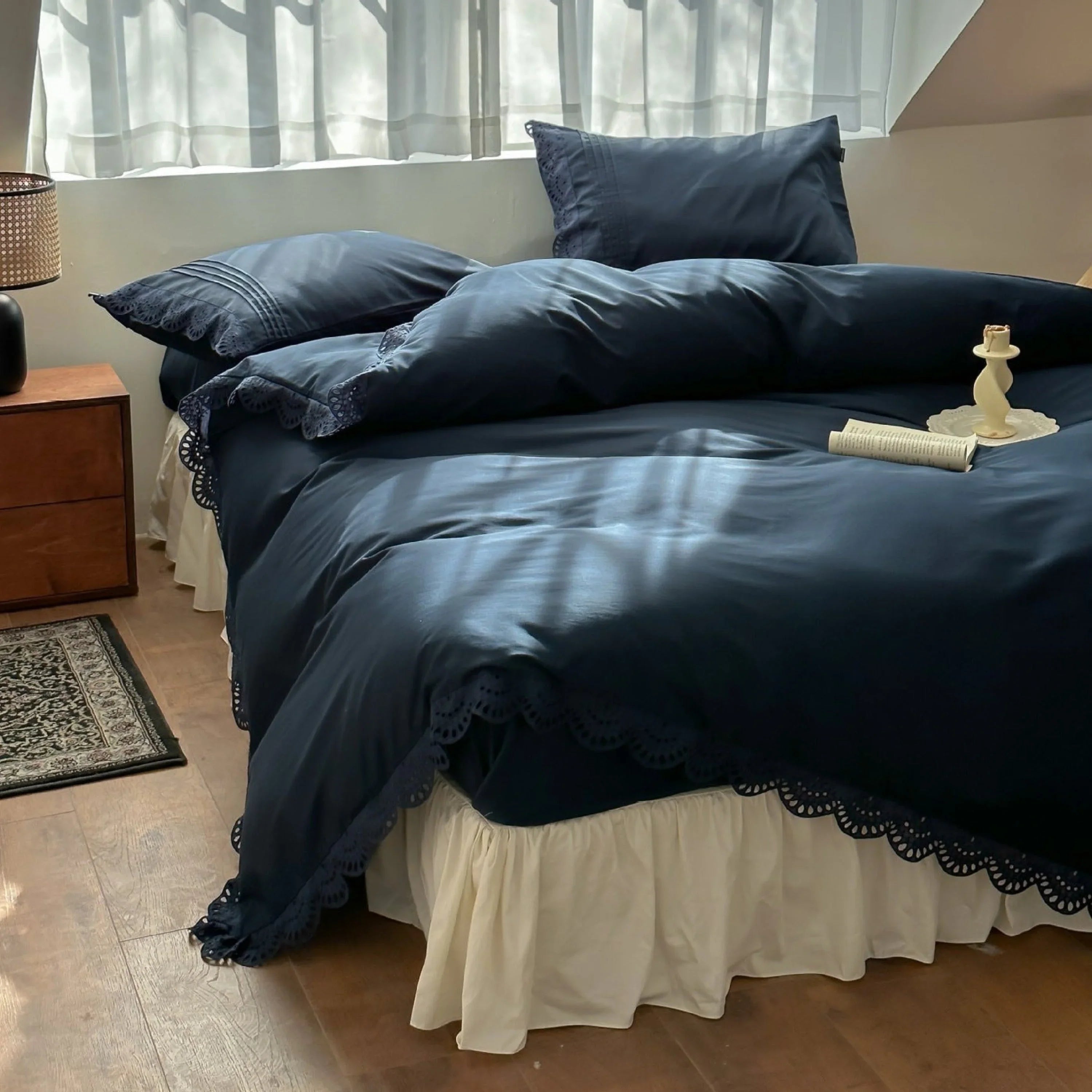 French Lace Floral Ruffle Bedding Set / Royal Blue Ever Lasting