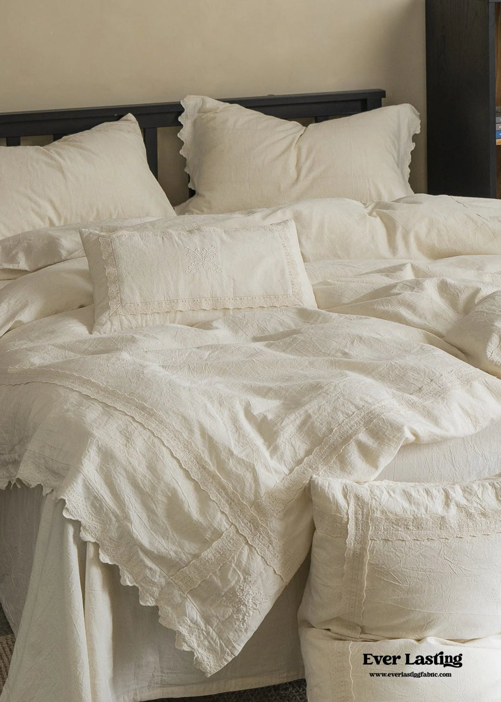 French Linen Cotton Embroidered Floral Bedding Set / White Ever Lasting