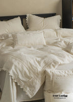 French Linen Cotton Embroidered Floral Bedding Set / White Ever Lasting