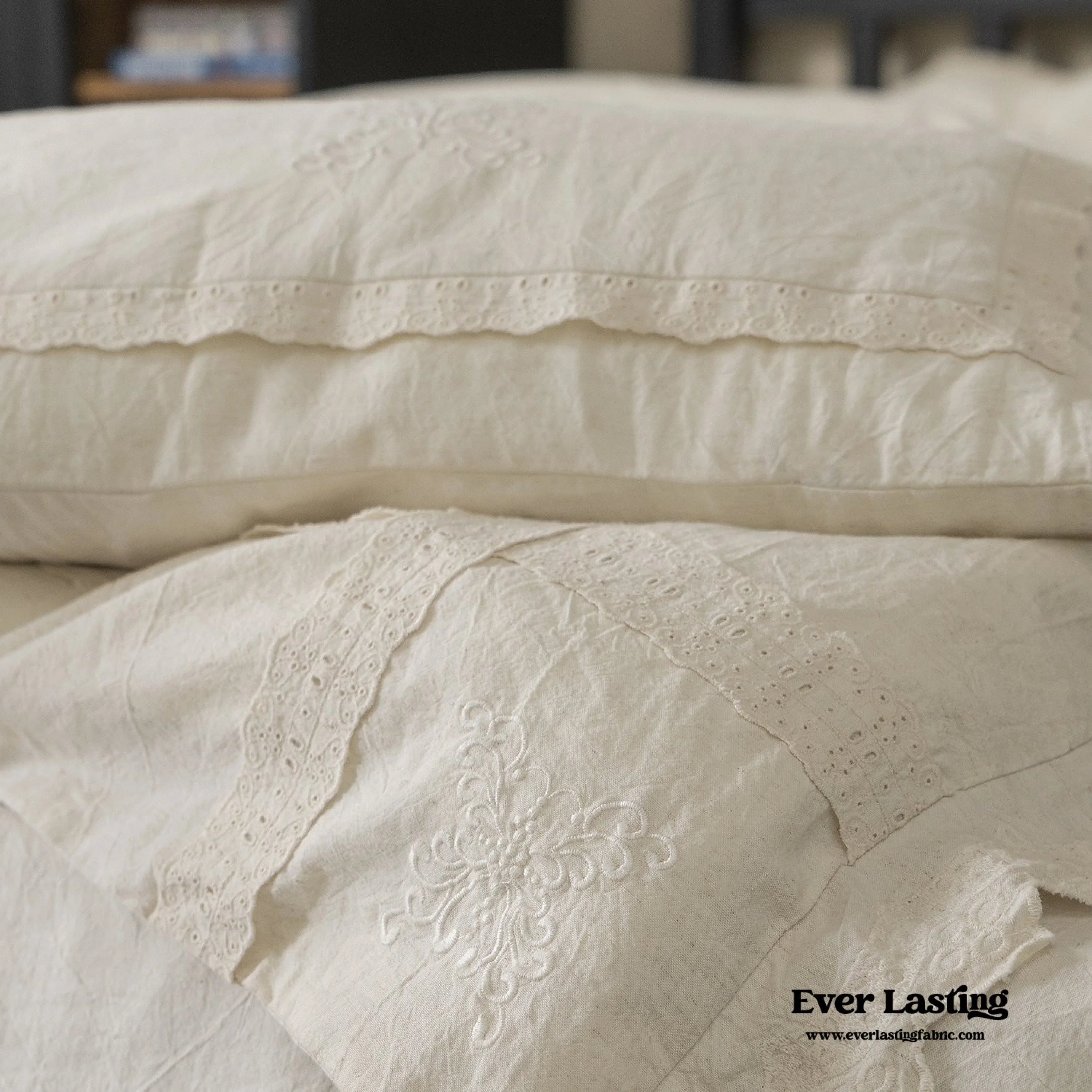 French Linen Cotton Embroidered Floral Bedding Set / White Ever Lasting