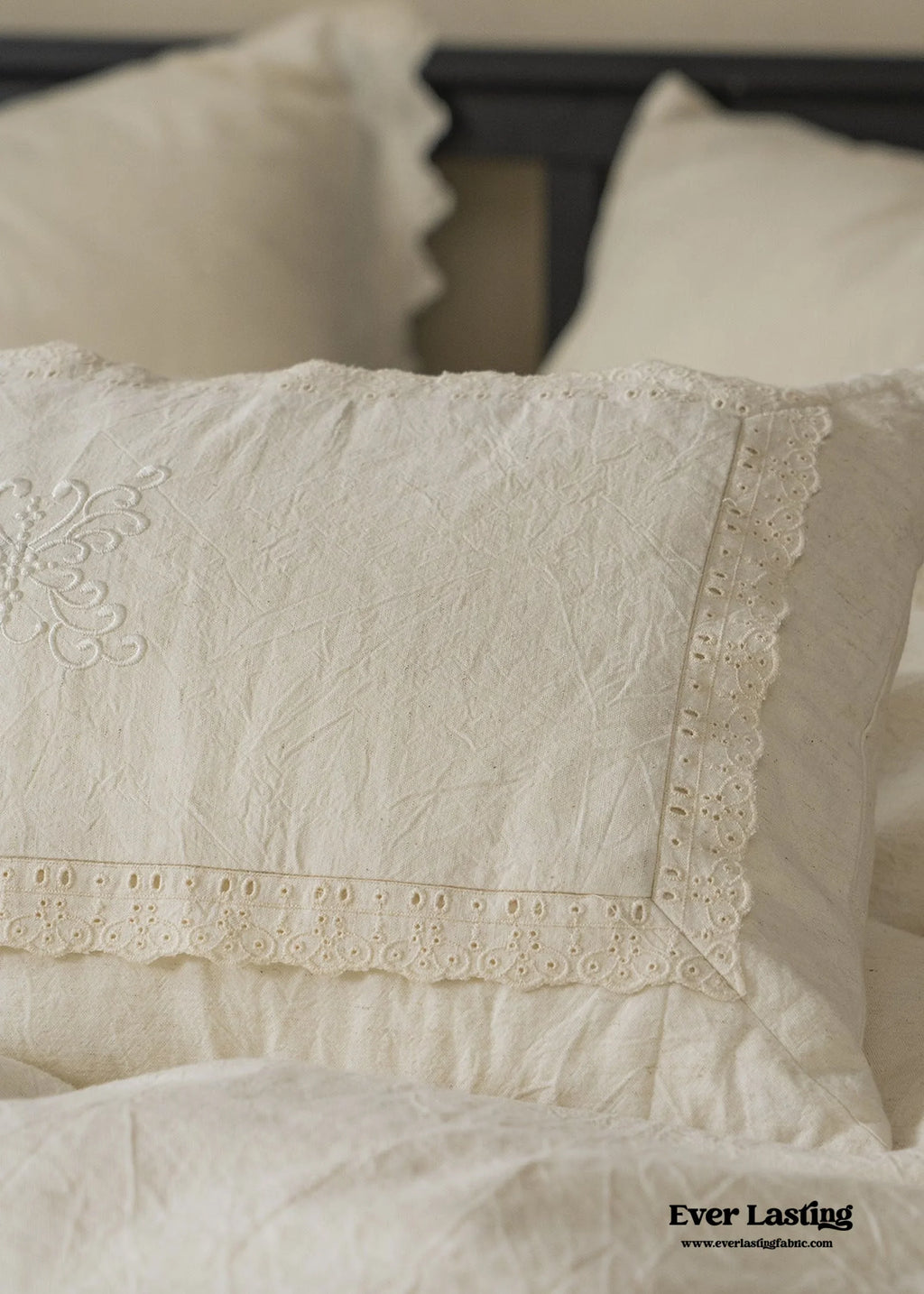 French Linen Cotton Embroidered Floral Bedding Set / White Ever Lasting