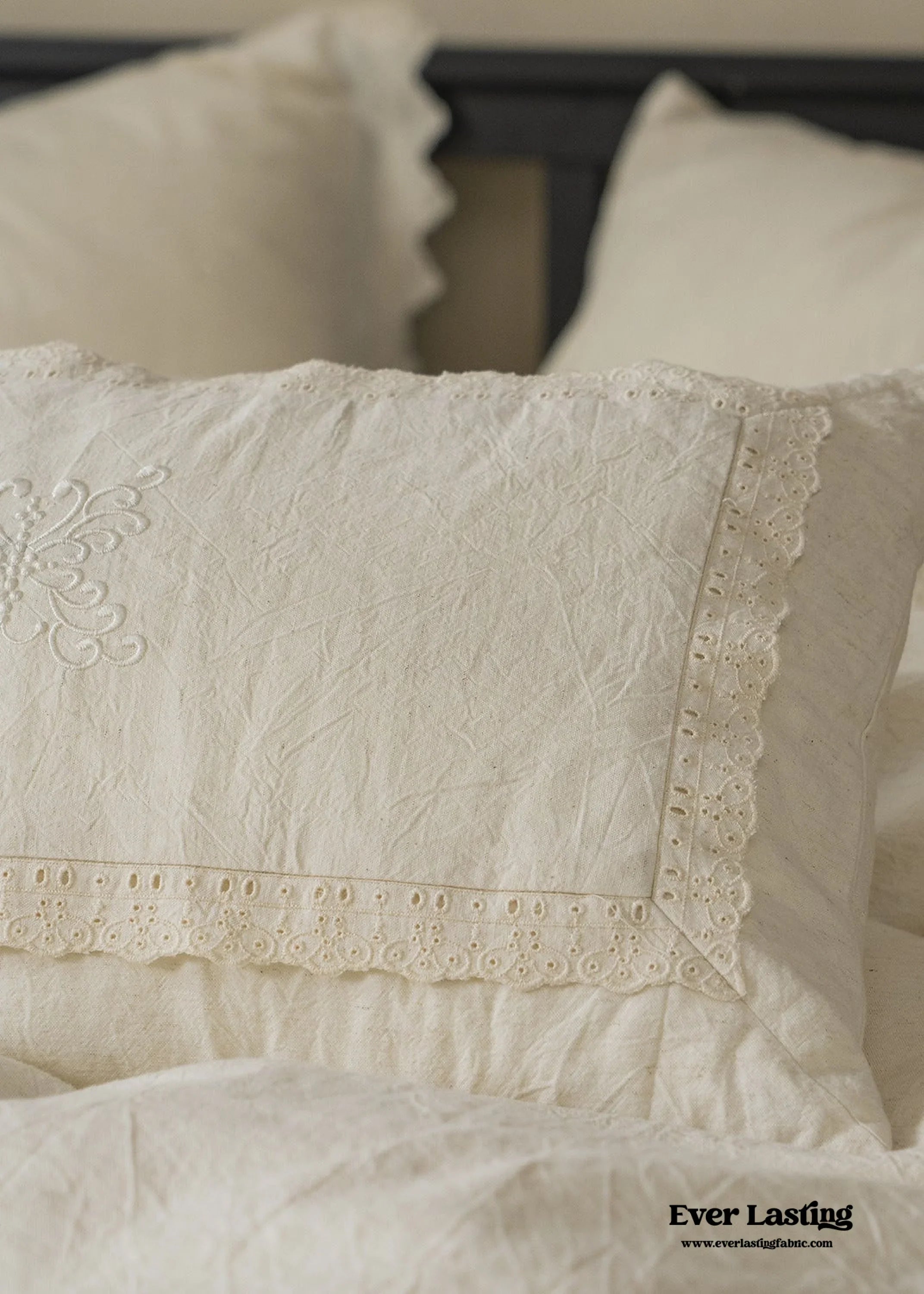 French Linen Cotton Embroidered Floral Bedding Set / White Ever Lasting