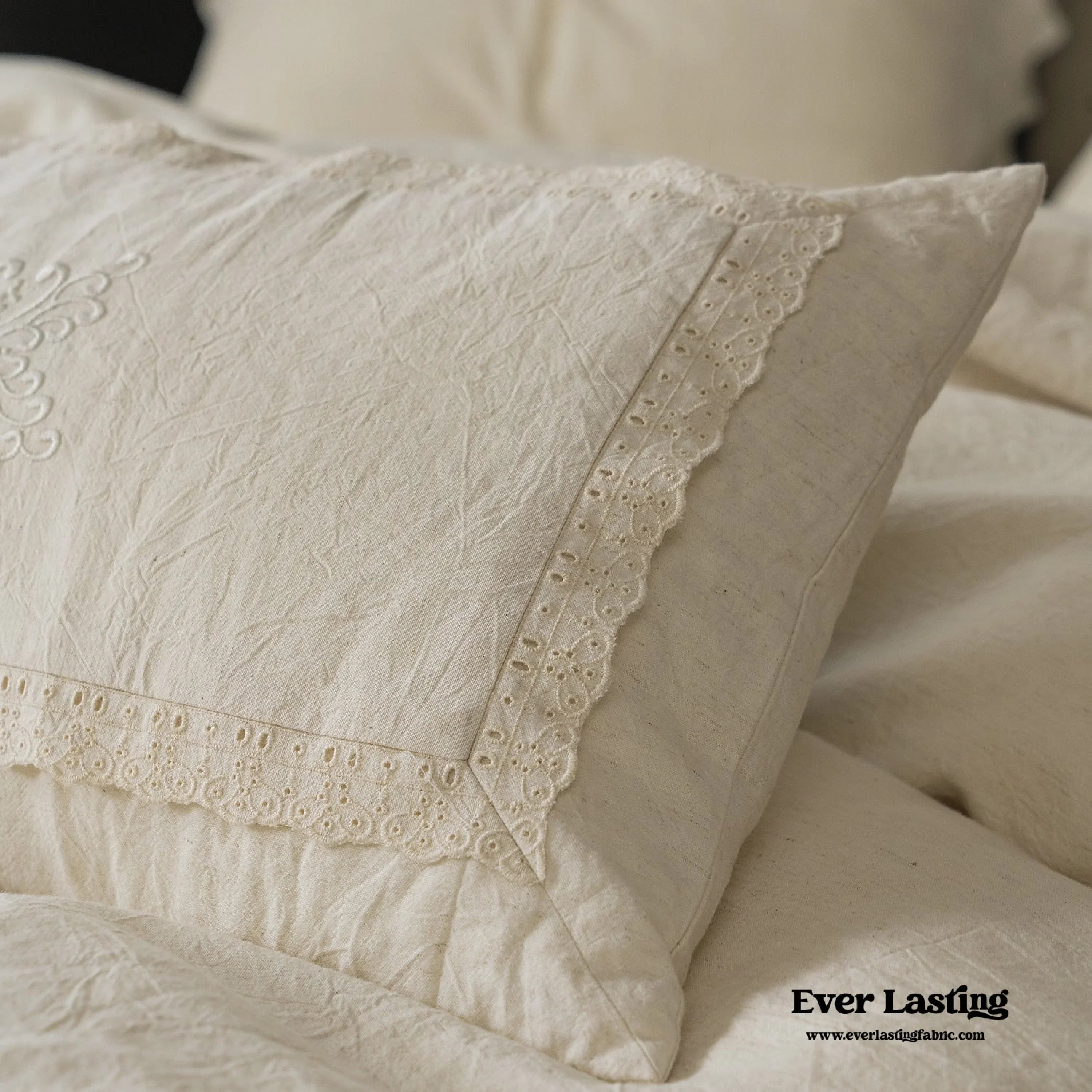 French Linen Cotton Embroidered Floral Bedding Set / White Ever Lasting