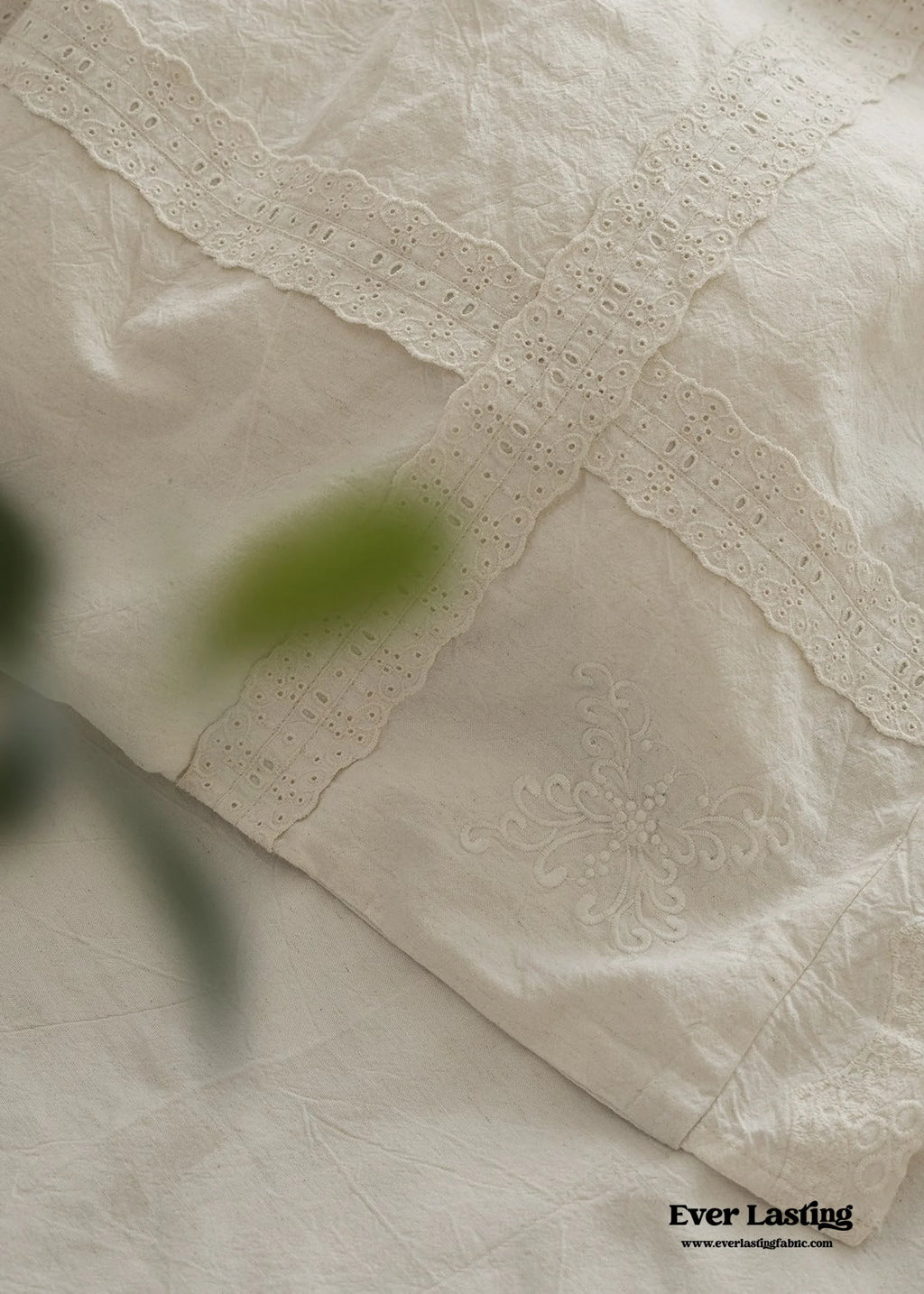 French Linen Cotton Embroidered Floral Bedding Set / White Ever Lasting