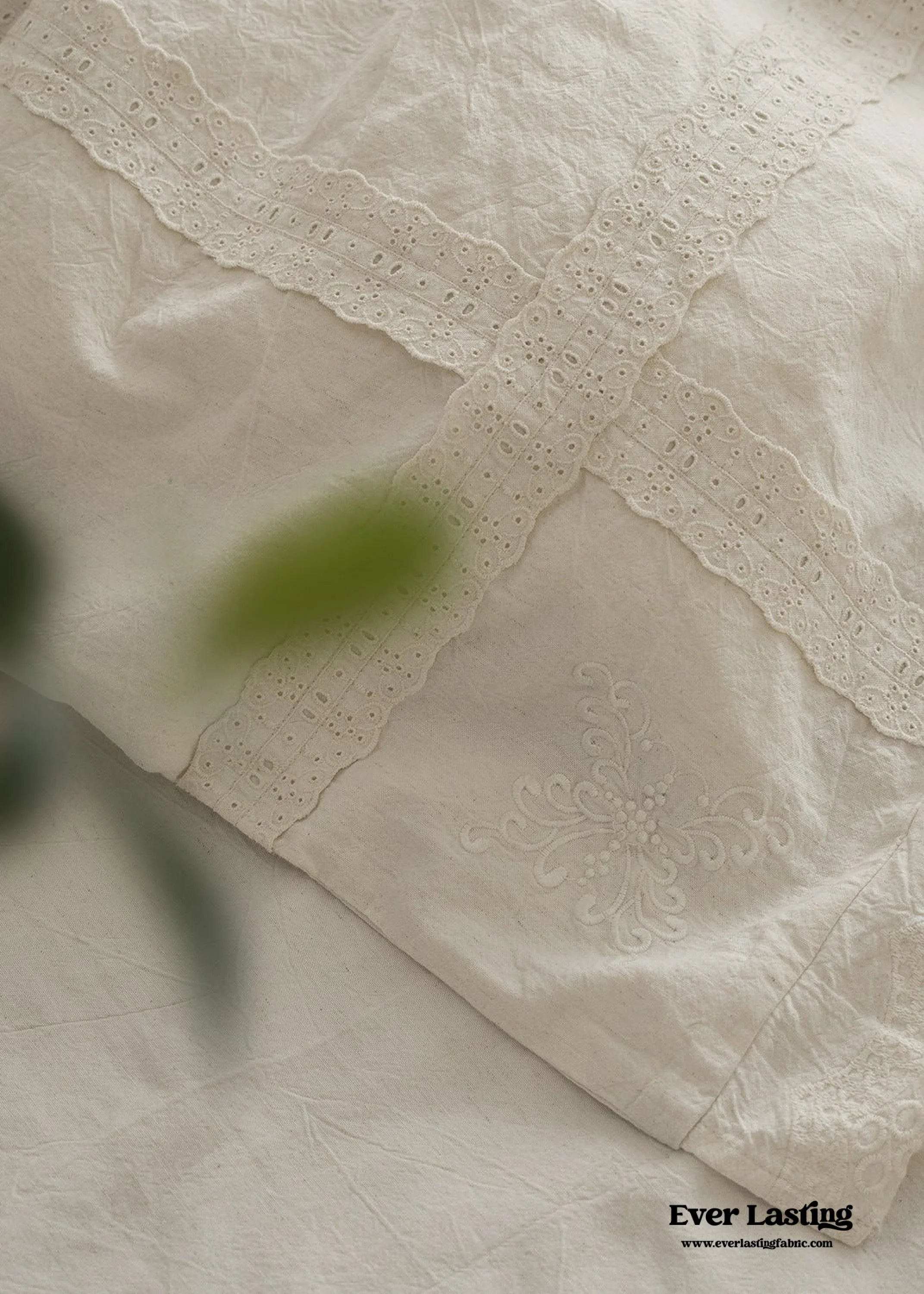 French Linen Cotton Embroidered Floral Bedding Set / White Ever Lasting