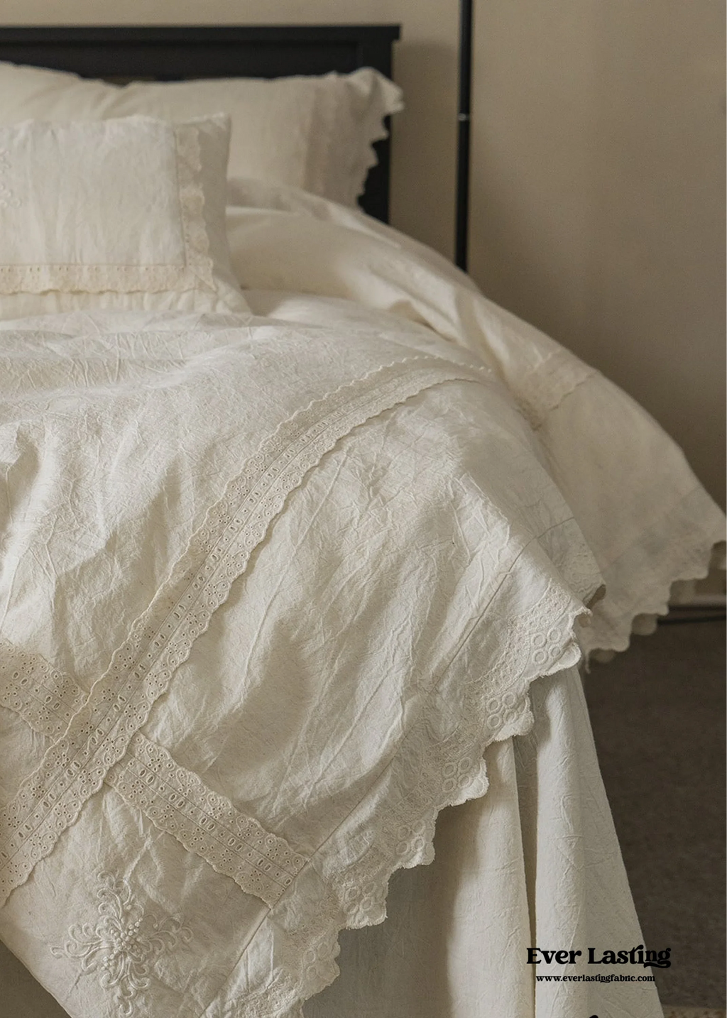 French Linen Cotton Embroidered Floral Bedding Set / White Ever Lasting