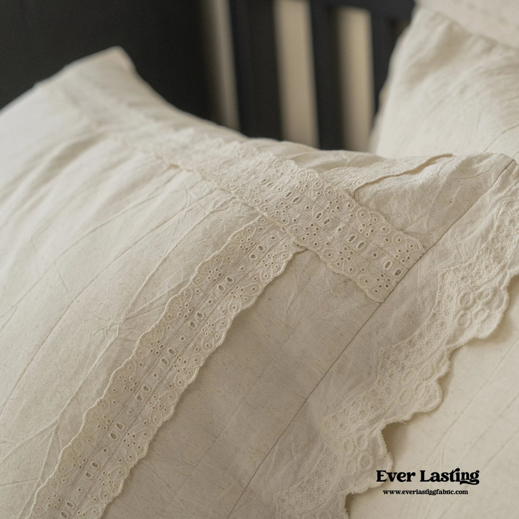 French Linen Cotton Embroidered Floral Bedding Set / White Ever Lasting