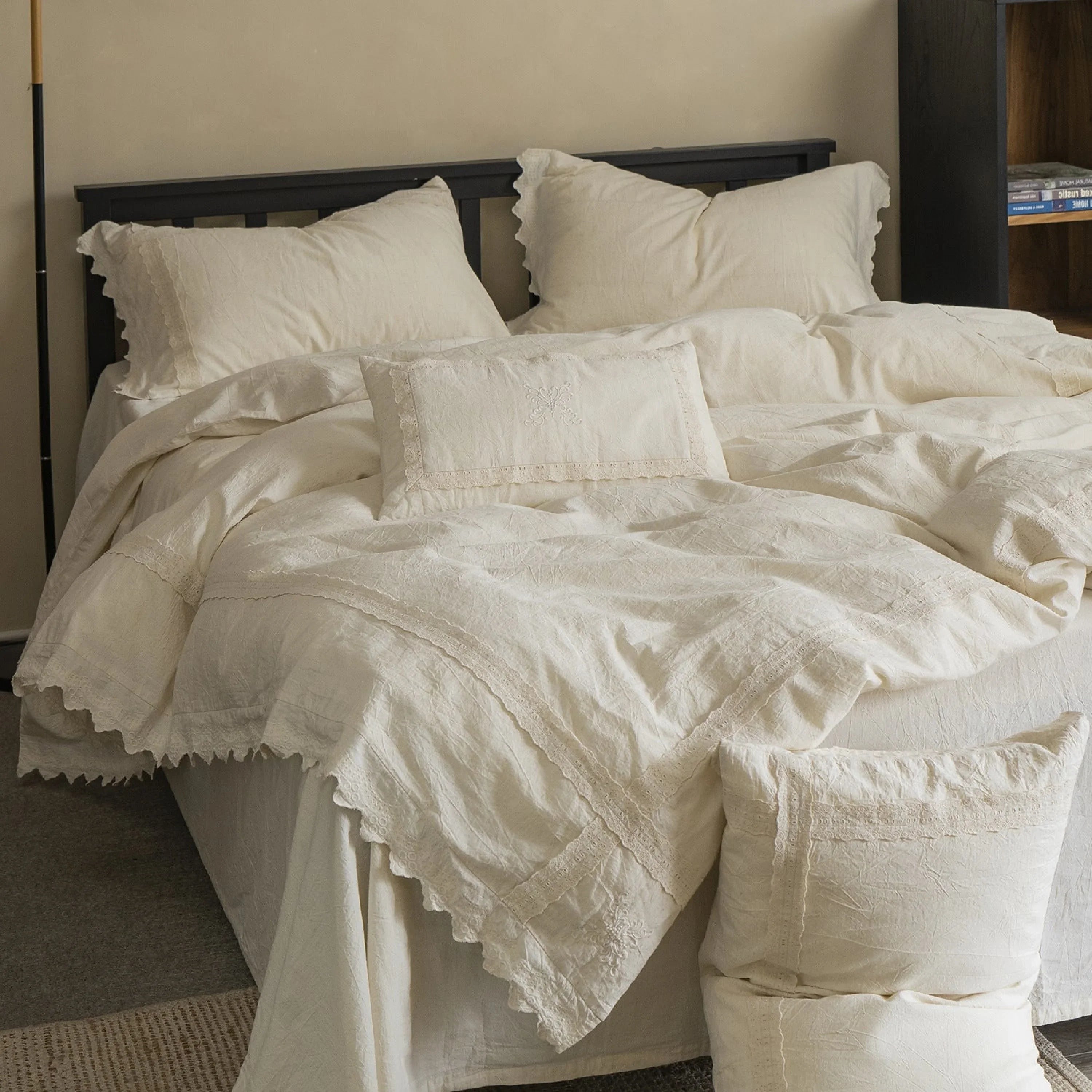 French Linen Cotton Embroidered Floral Bedding Set / White Ever Lasting