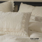 French Linen Cotton Embroidered Floral Bedding Set / White Ever Lasting