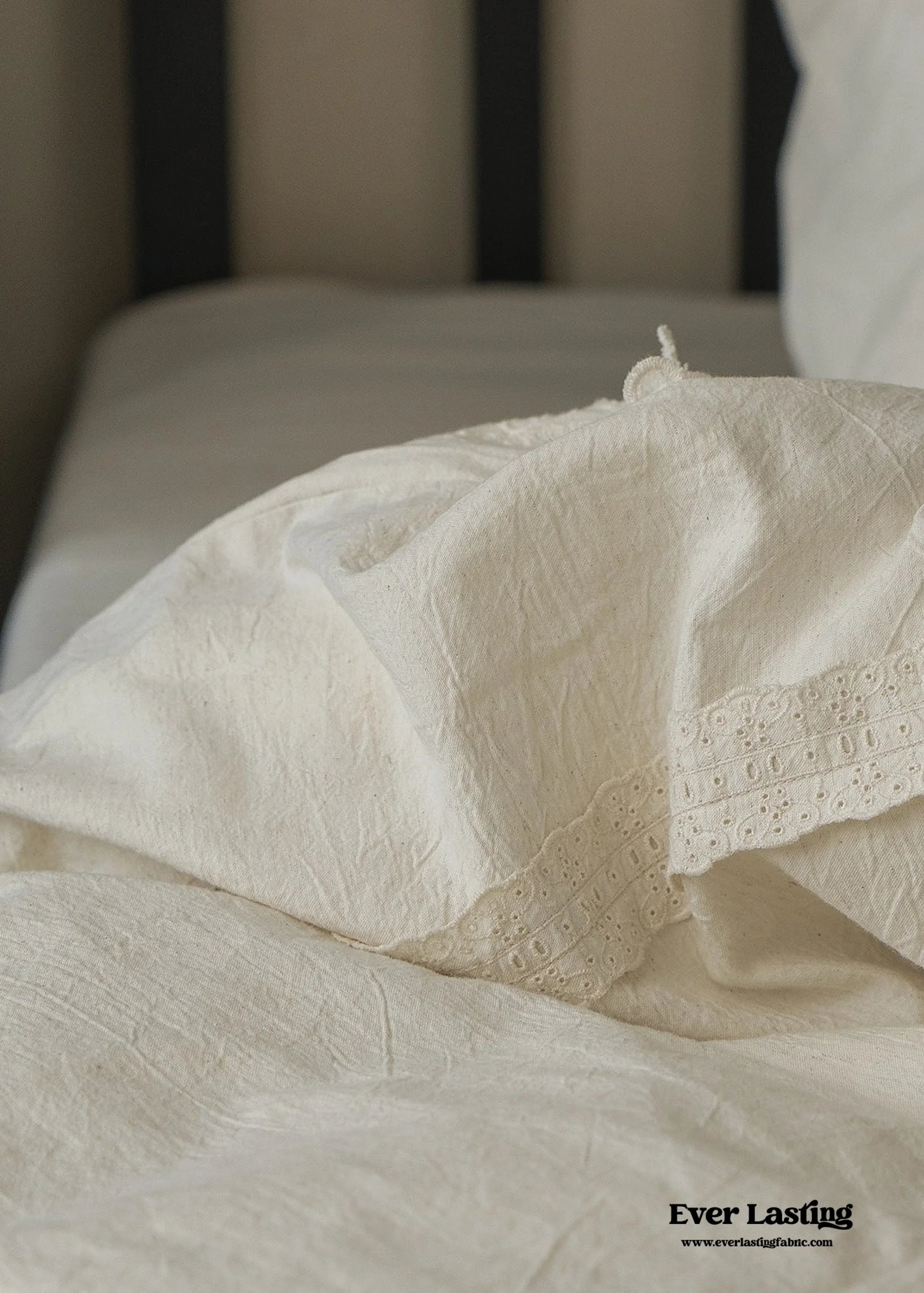 French Linen Cotton Embroidered Floral Bedding Set / White Ever Lasting