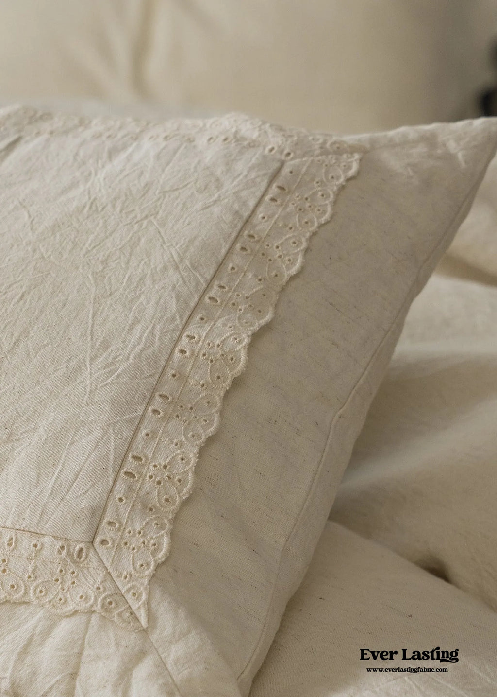 French Linen Cotton Embroidered Floral Bedding Set / White Ever Lasting