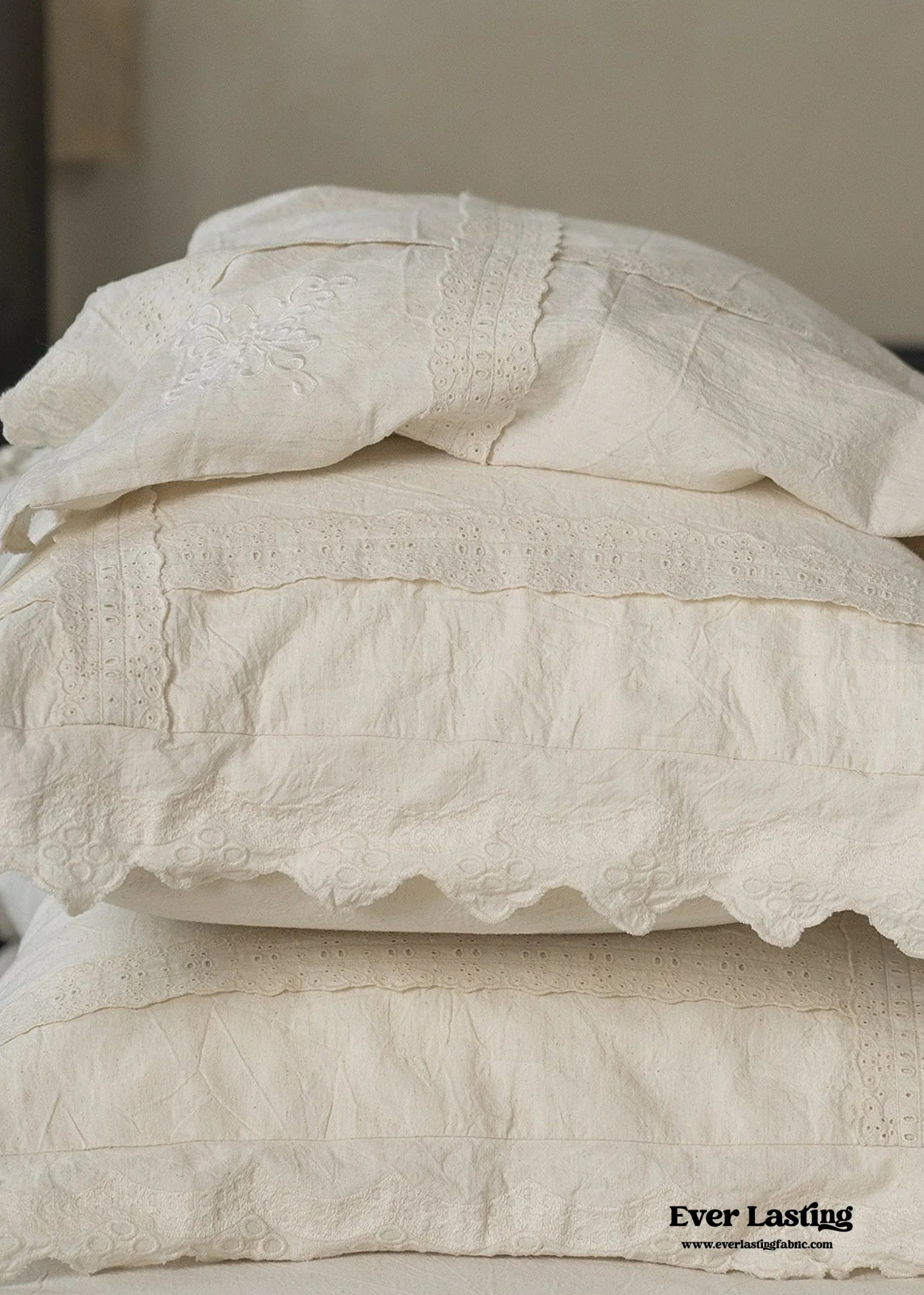 French Linen Cotton Embroidered Floral Bedding Set / White Ever Lasting