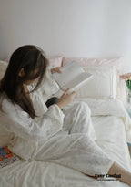 French Linen Cotton Embroidered Floral Bedding Set / White Ever Lasting