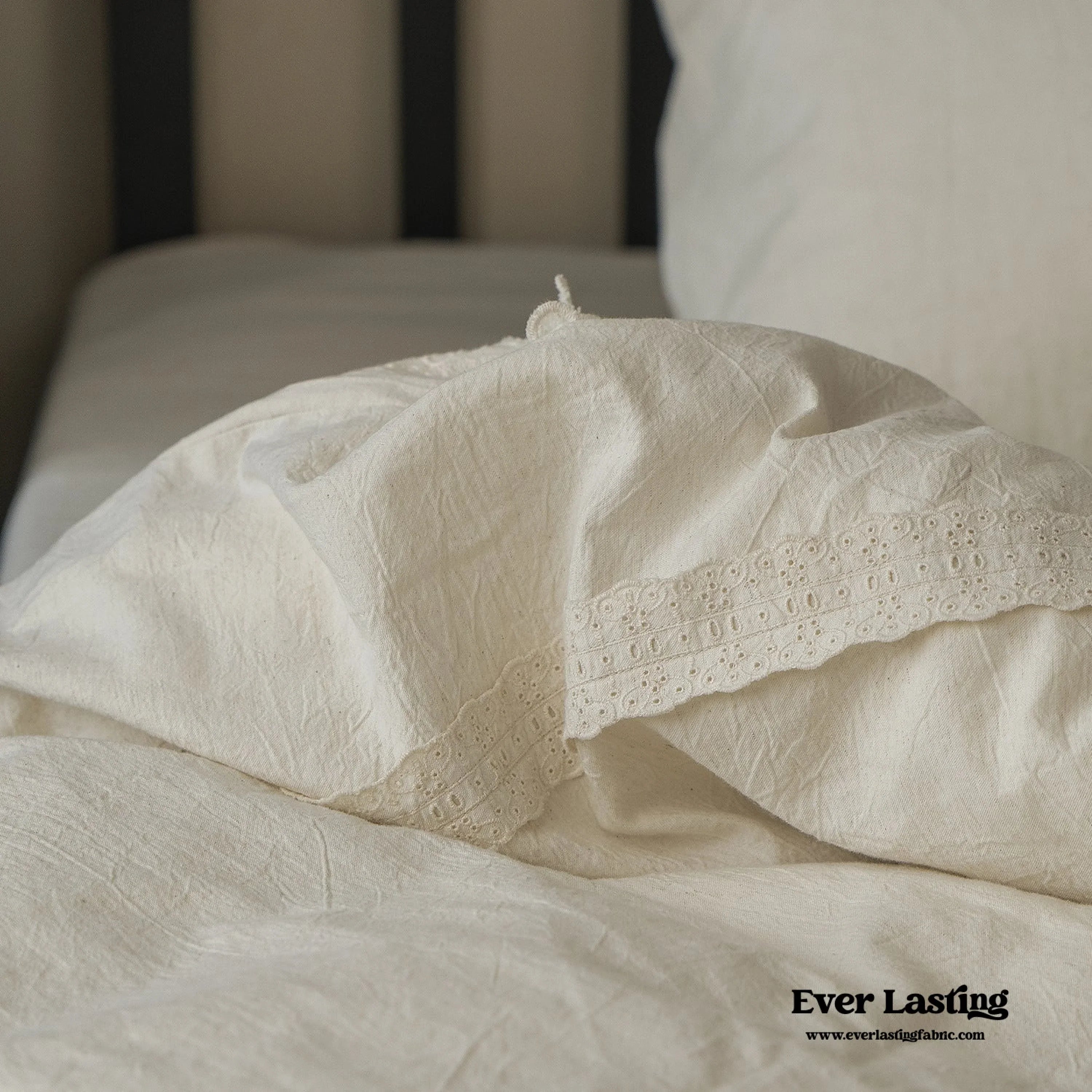 French Linen Cotton Embroidered Floral Bedding Set / White Ever Lasting