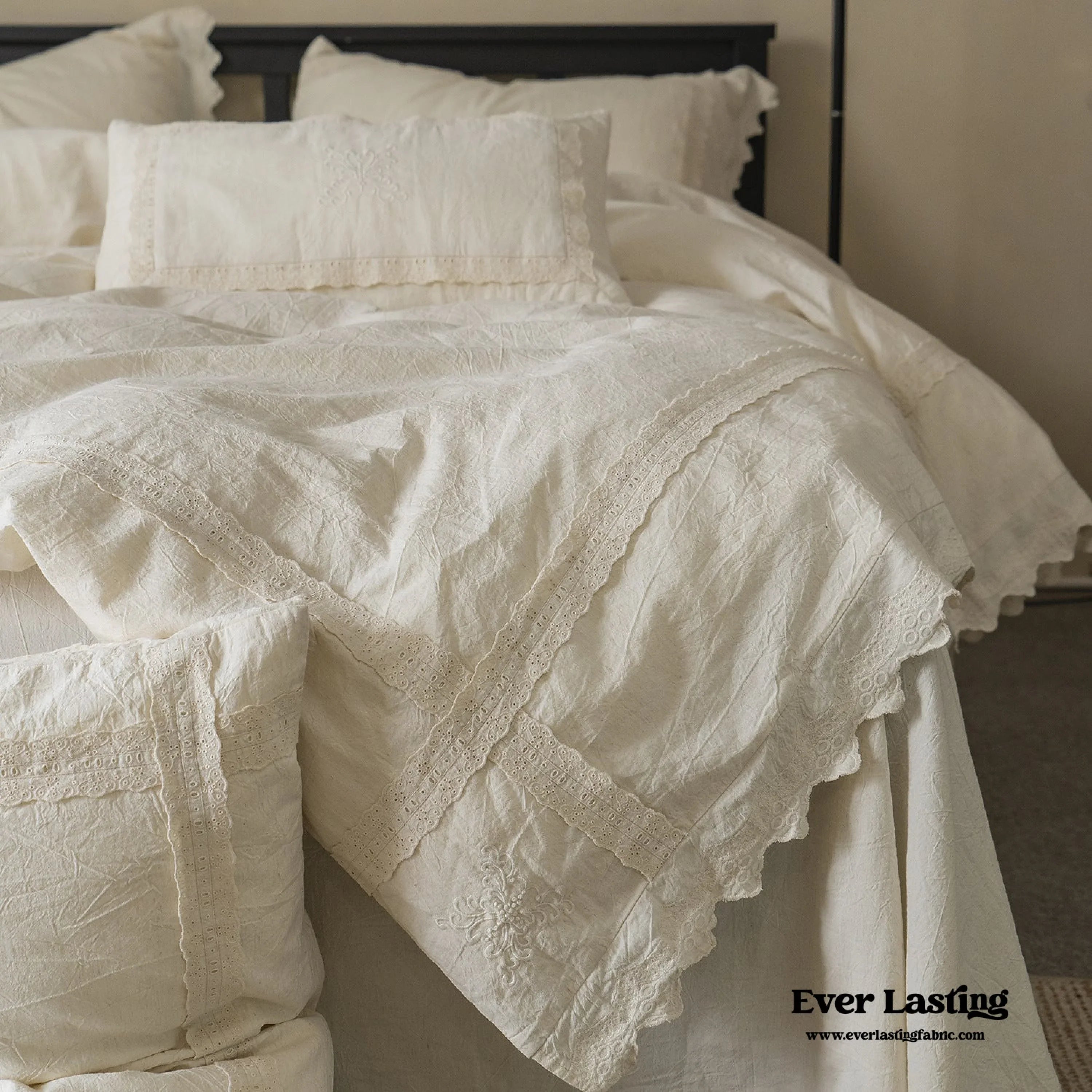 French Linen Cotton Embroidered Floral Bedding Set / White Ever Lasting