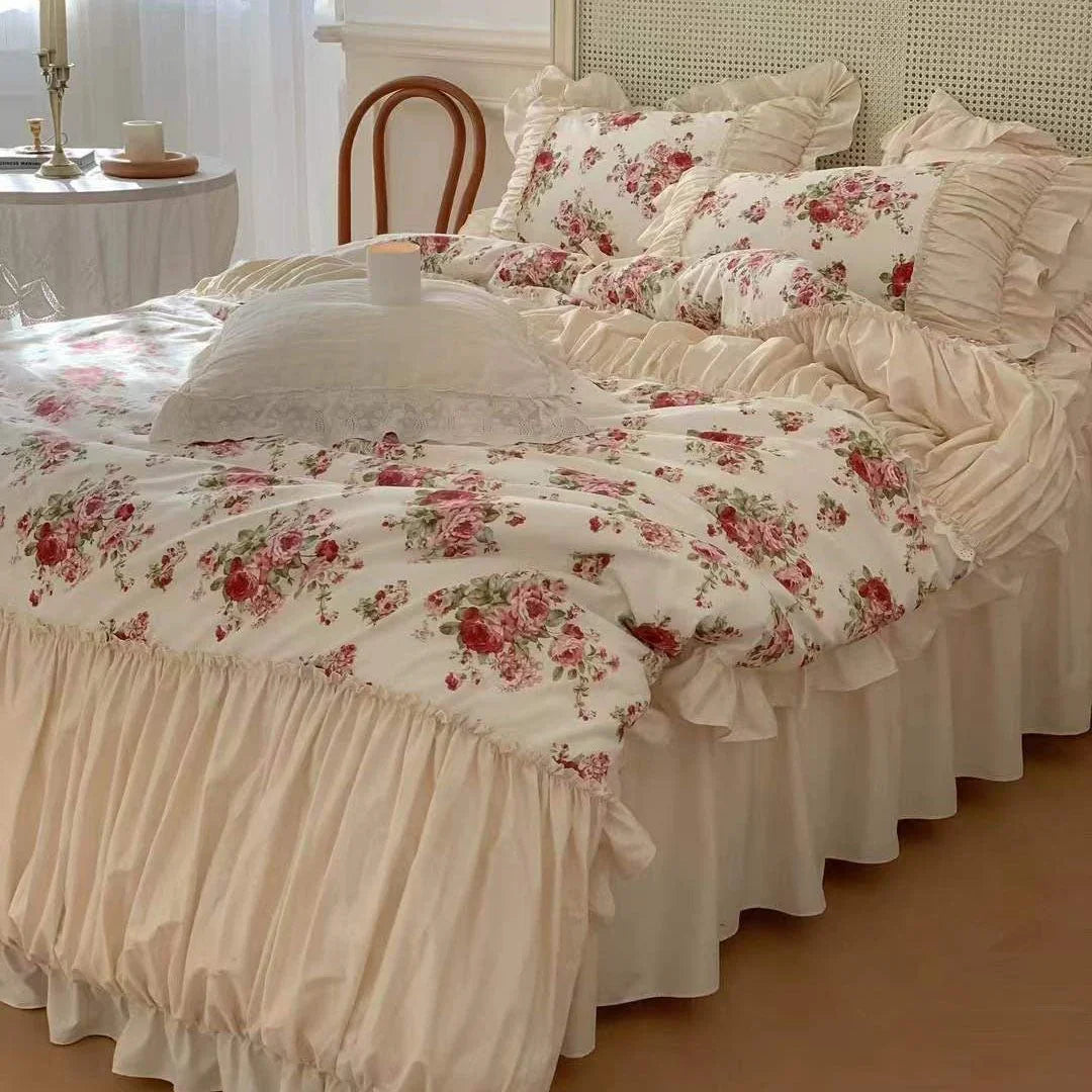 French Rose Floral Ruffle Bedding Set / White Ever Lasting