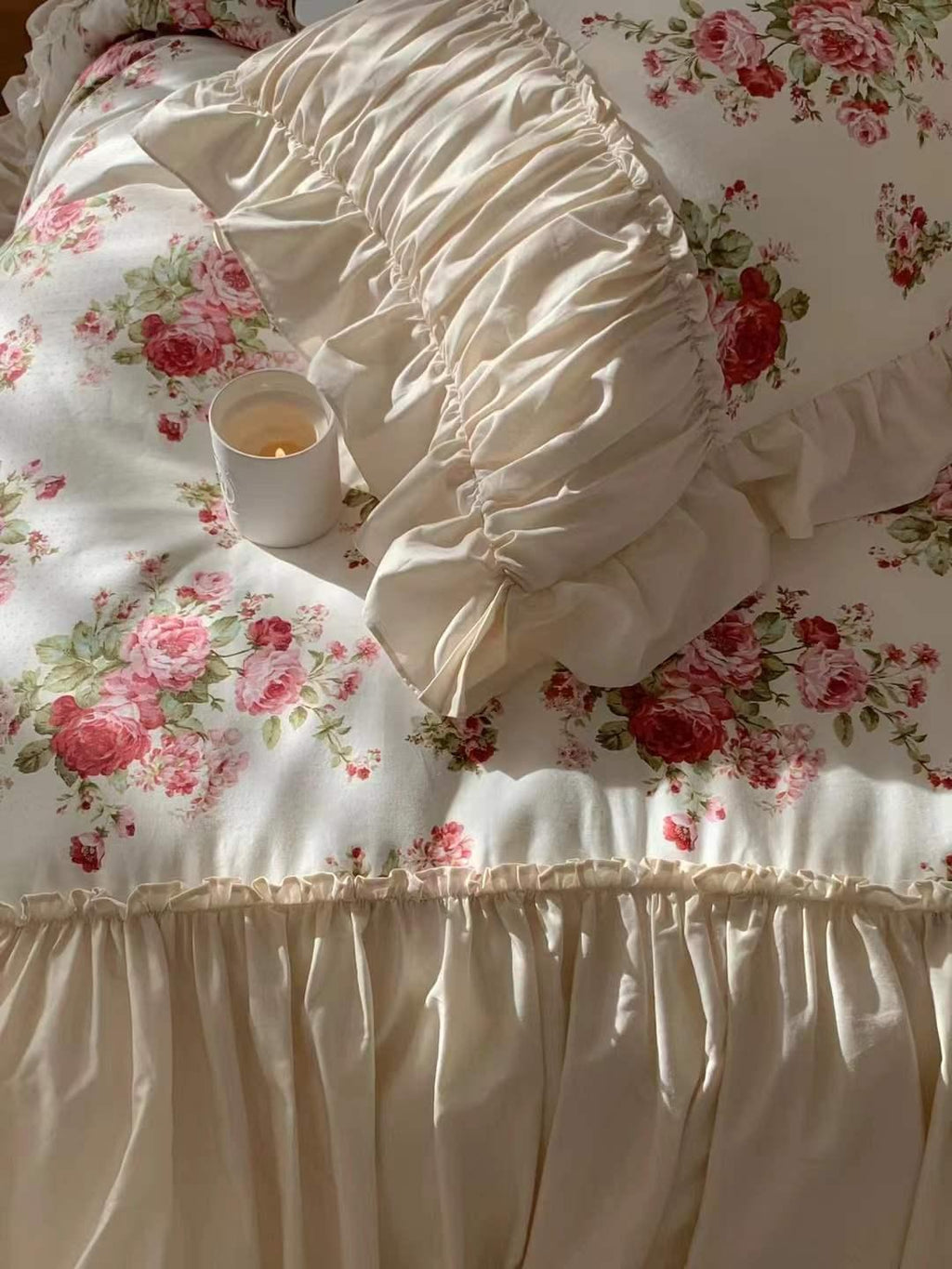 French Rose Floral Ruffle Bedding Set / White Ever Lasting