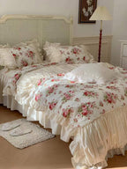 French Rose Floral Ruffle Bedding Set / White Ever Lasting