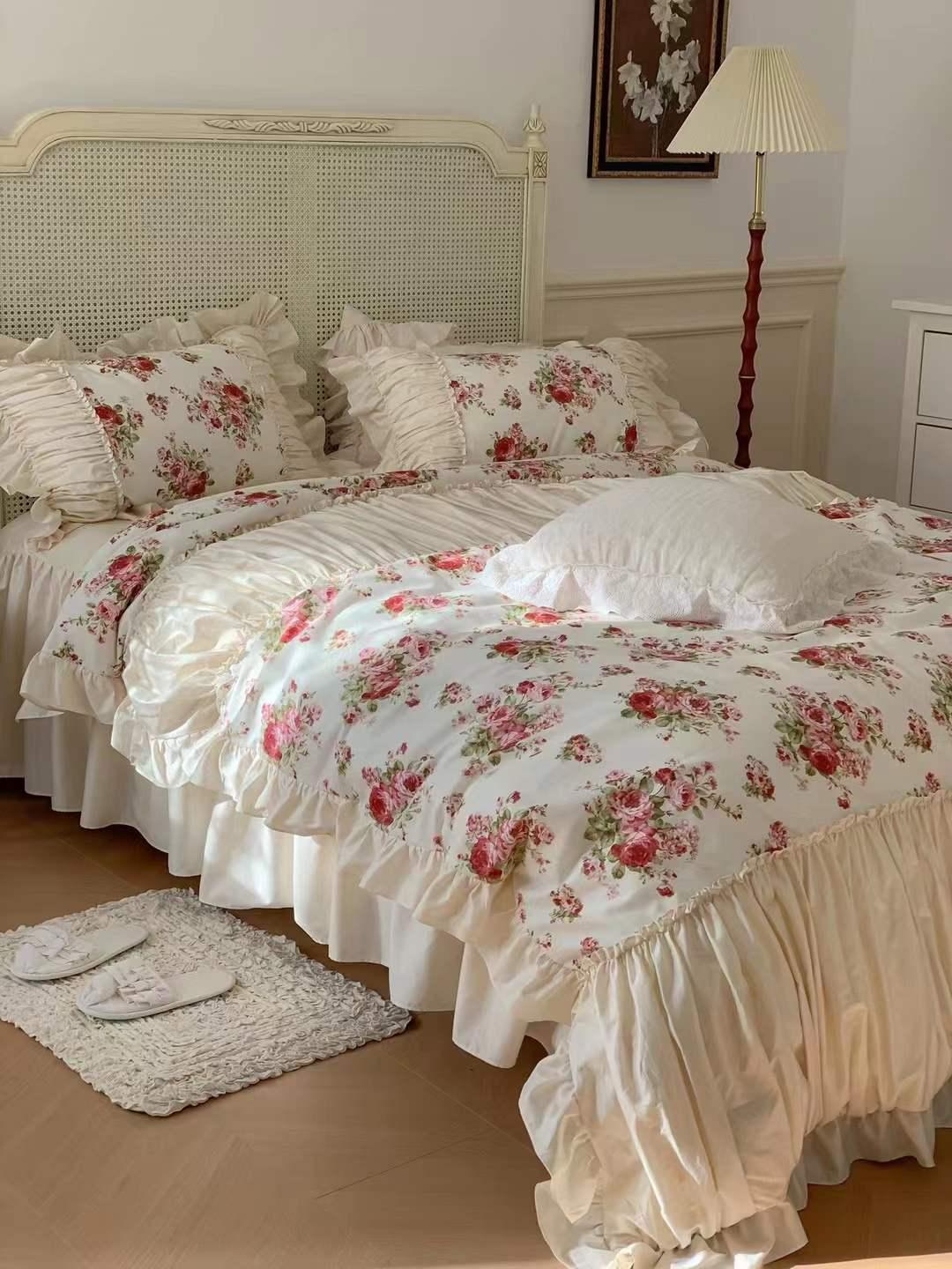 French Rose Floral Ruffle Bedding Set / White Ever Lasting
