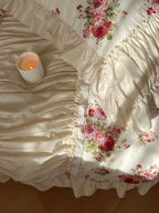 French Rose Floral Ruffle Bedding Set / White Ever Lasting