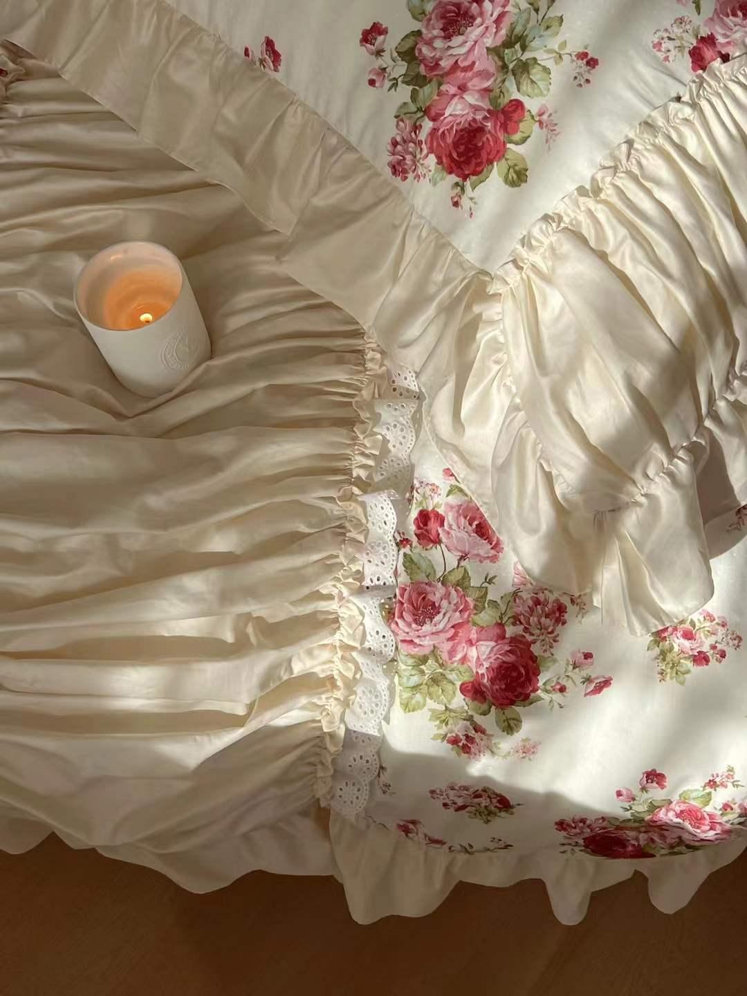 French Rose Floral Ruffle Bedding Set / White Ever Lasting