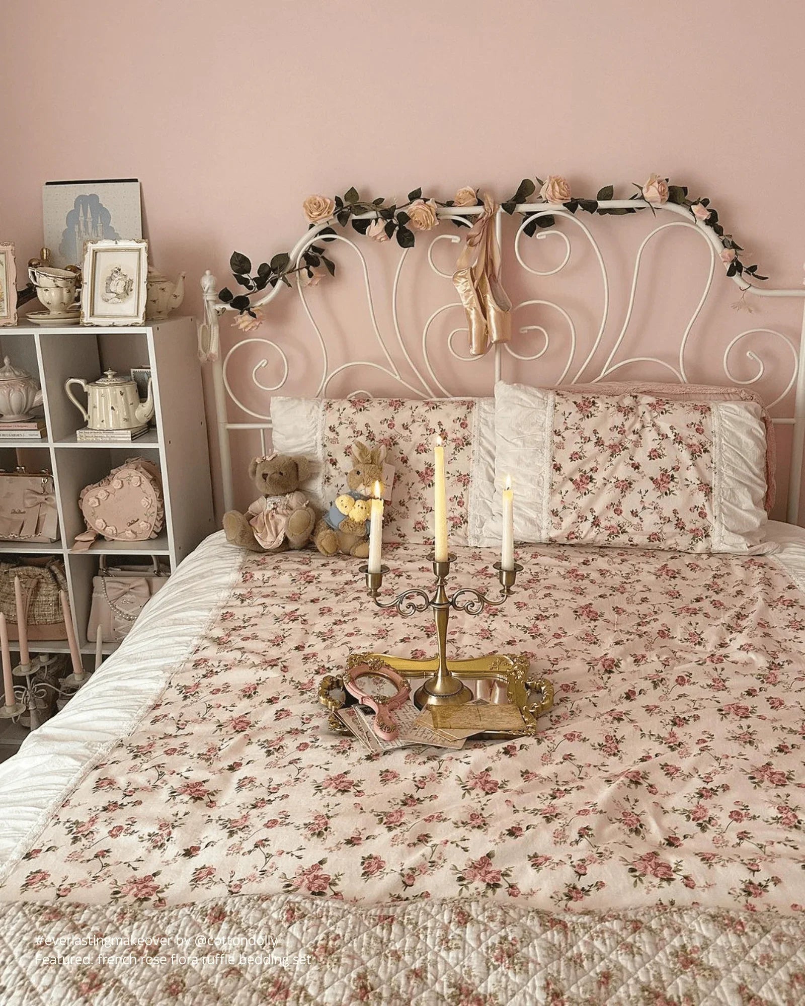 French Rose Floral Ruffle Bedding Set / White Ever Lasting