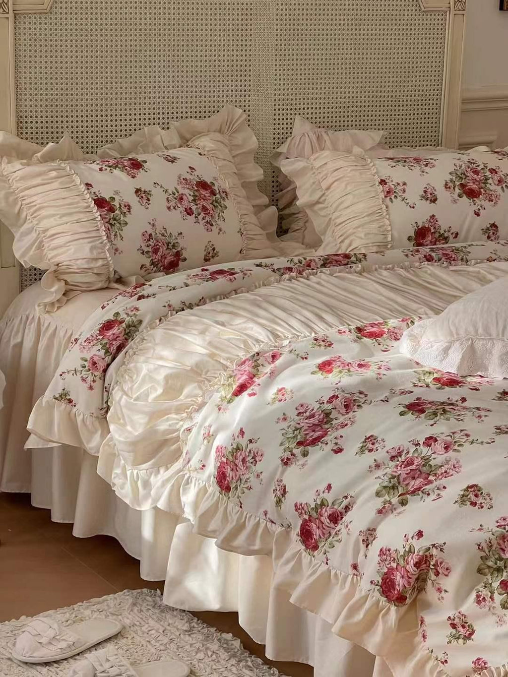 French Rose Floral Ruffle Bedding Set / White Ever Lasting