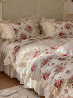 French Rose Floral Ruffle Bedding Set / White Ever Lasting