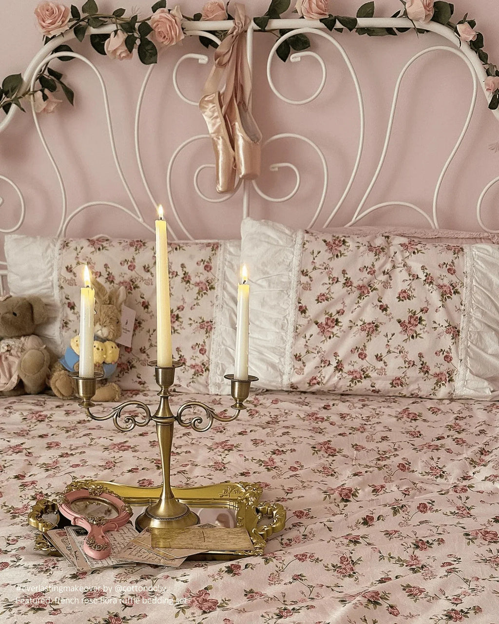 French Rose Floral Ruffle Bedding Set / White Ever Lasting