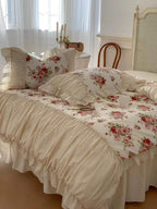 French Rose Floral Ruffle Bedding Set / White Ever Lasting