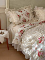 French Rose Floral Ruffle Bedding Set / White Ever Lasting