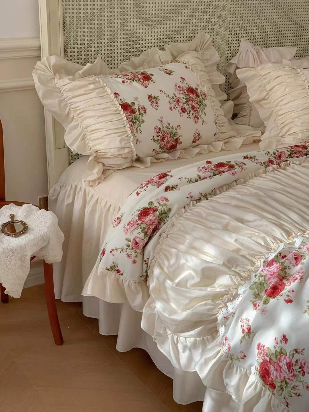 French Rose Floral Ruffle Bedding Set / White Ever Lasting