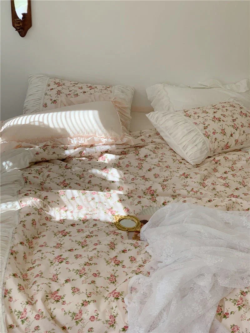 French Rose Floral Ruffle Bedding Set / White Ever Lasting