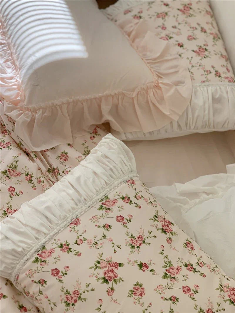 French Rose Floral Ruffle Bedding Set / White Ever Lasting