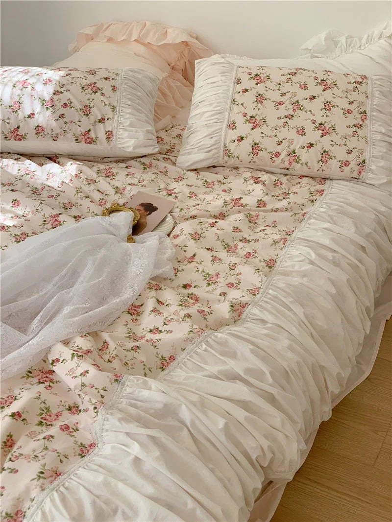 French Rose Floral Ruffle Bedding Set / White Ever Lasting