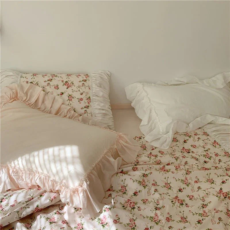 French Rose Floral Ruffle Bedding Set / White Ever Lasting
