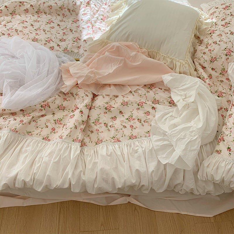 French Rose Floral Ruffle Bedding Set / White Ever Lasting