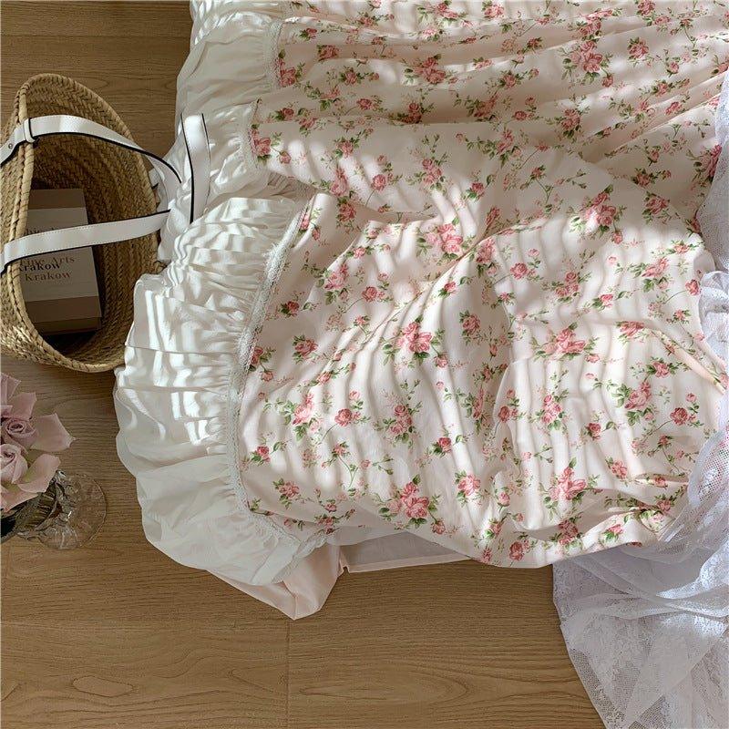 French Rose Floral Ruffle Bedding Set / White Ever Lasting