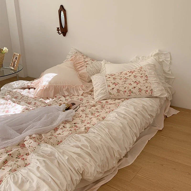 French Rose Floral Ruffle Bedding Set / White Ever Lasting