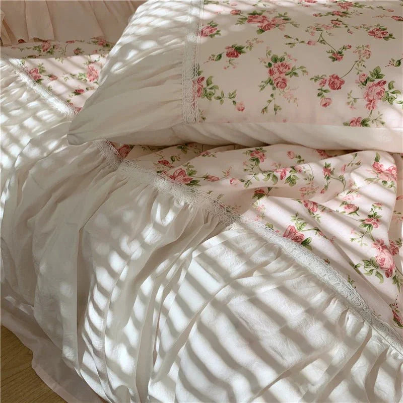 French Rose Floral Ruffle Bedding Set / White Ever Lasting