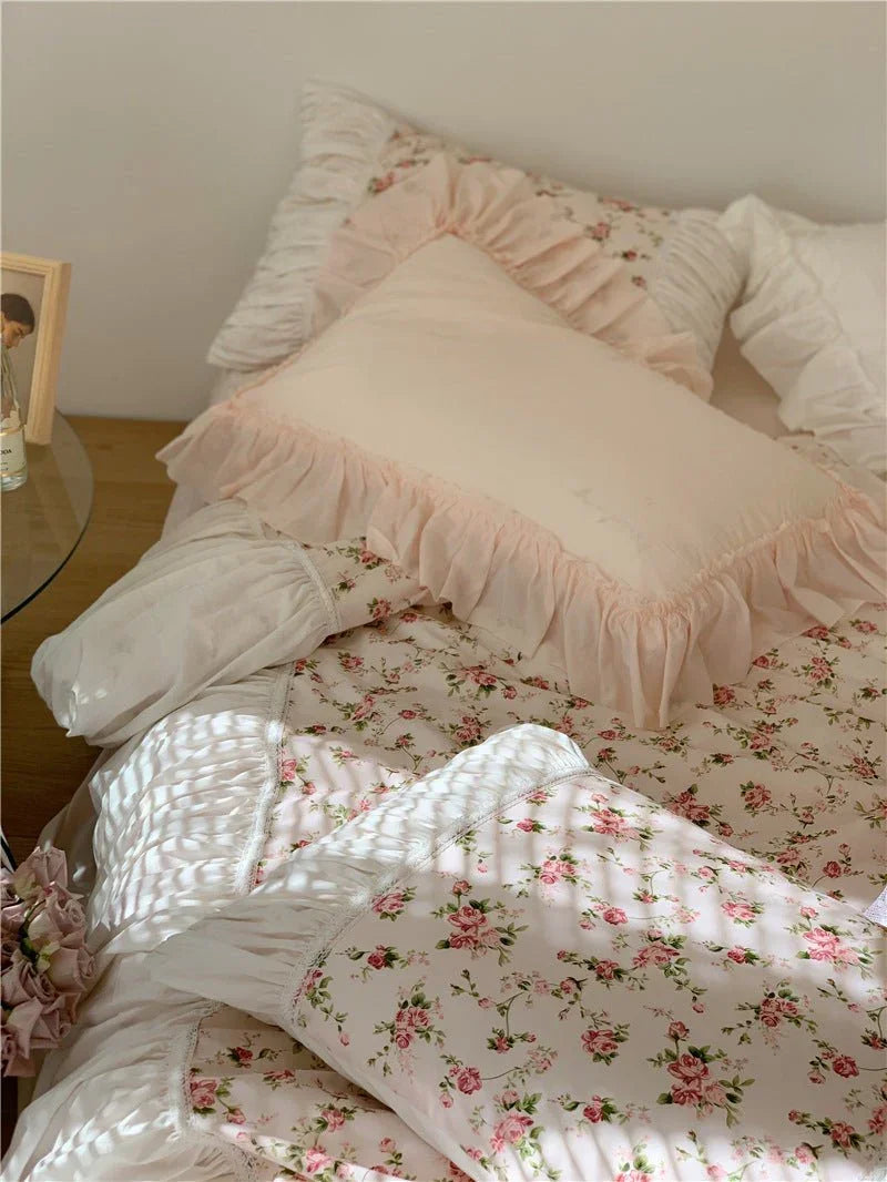 French Rose Floral Ruffle Bedding Set / White Ever Lasting