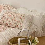 French Rose Floral Ruffle Bedding Set / White Ever Lasting