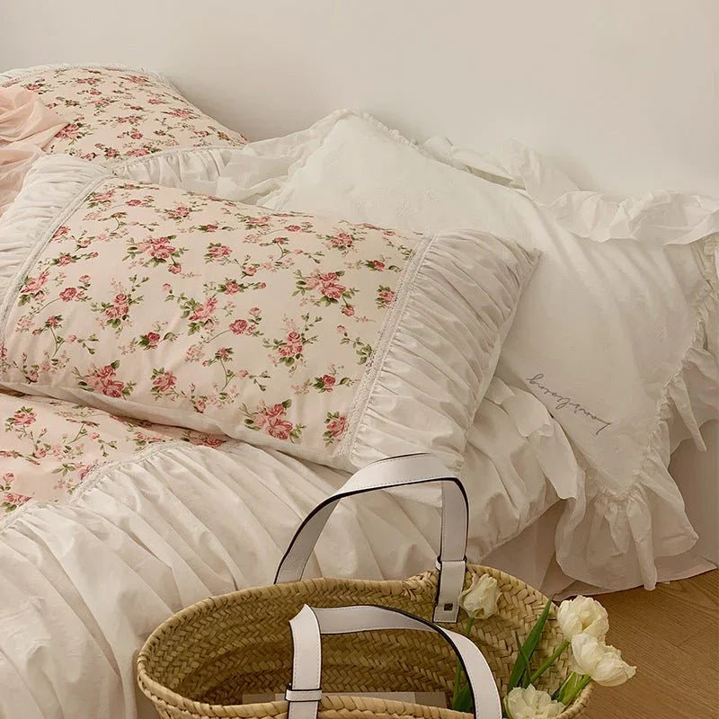 French Rose Floral Ruffle Bedding Set / White Ever Lasting