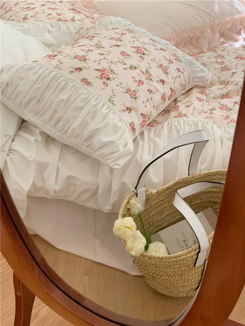 French Rose Floral Ruffle Bedding Set / White Ever Lasting