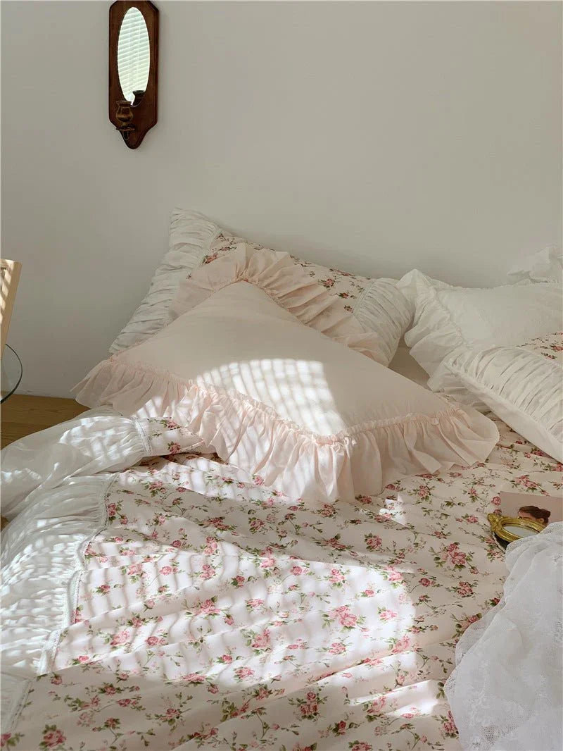 French Rose Floral Ruffle Bedding Set / White Ever Lasting