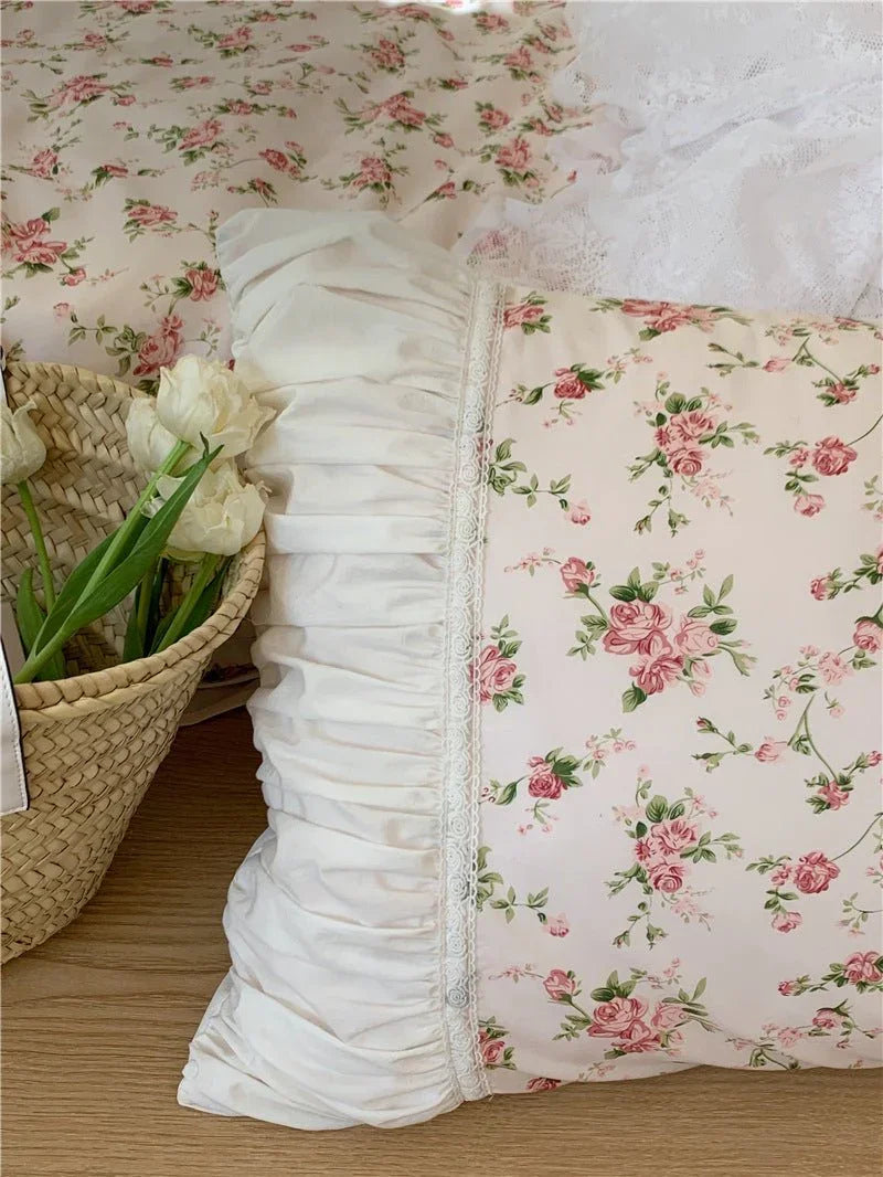 French Rose Floral Ruffle Bedding Set / White Ever Lasting