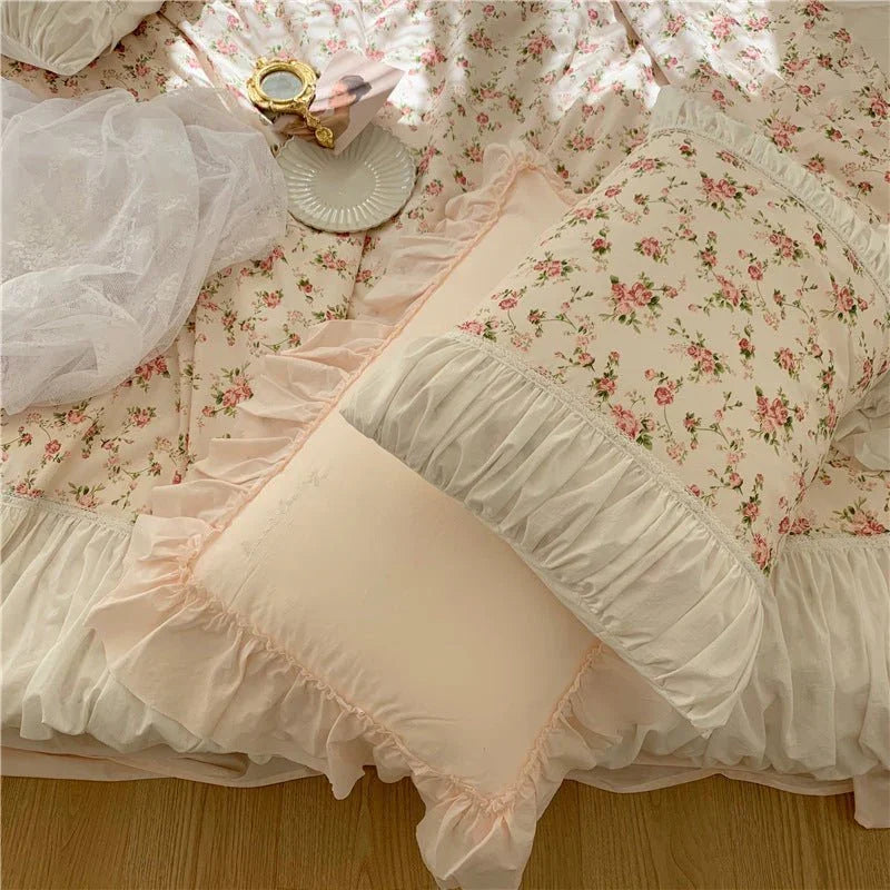French Rose Floral Ruffle Bedding Set / White Ever Lasting