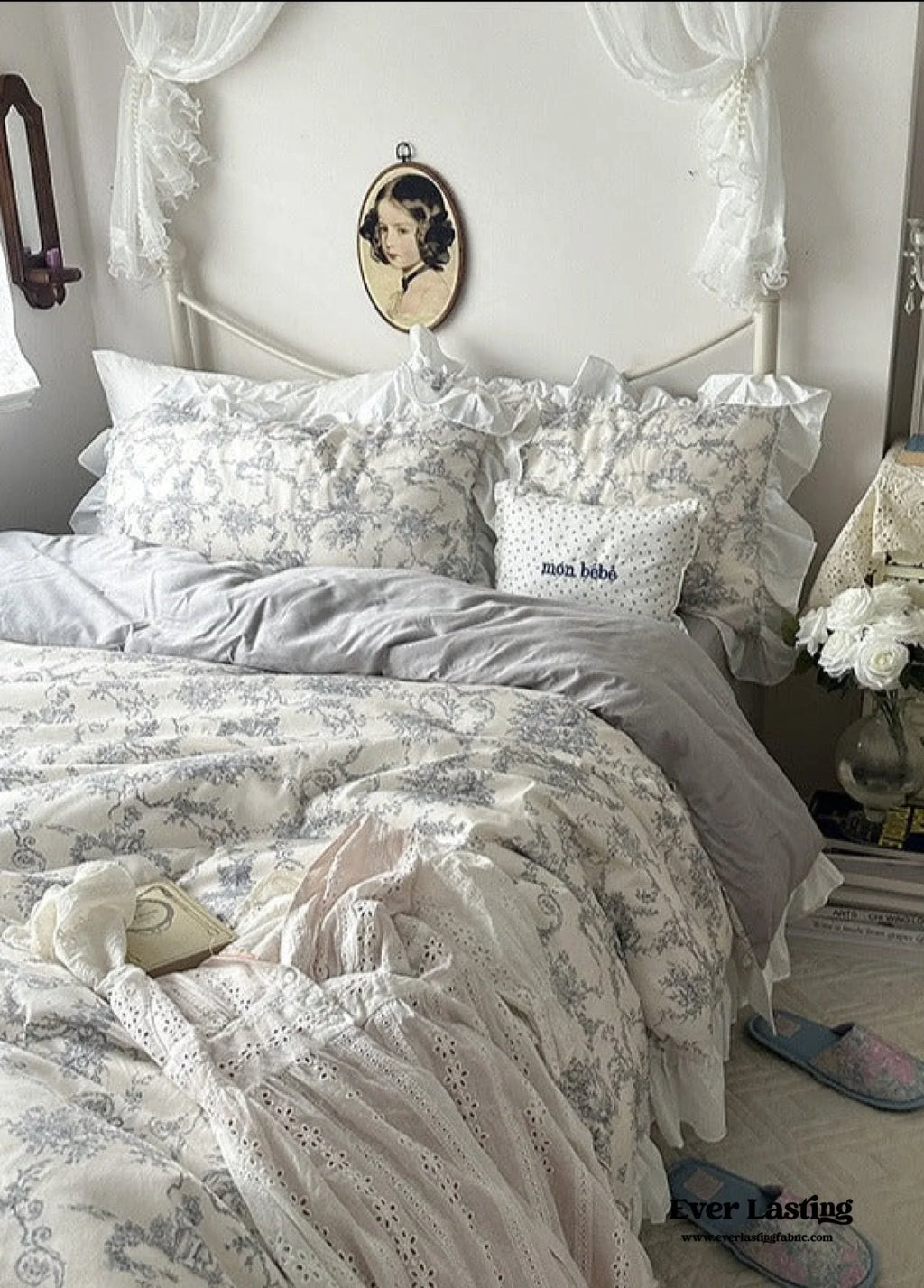 French Ruffle Floral Bedding Set / Gray Ever Lasting