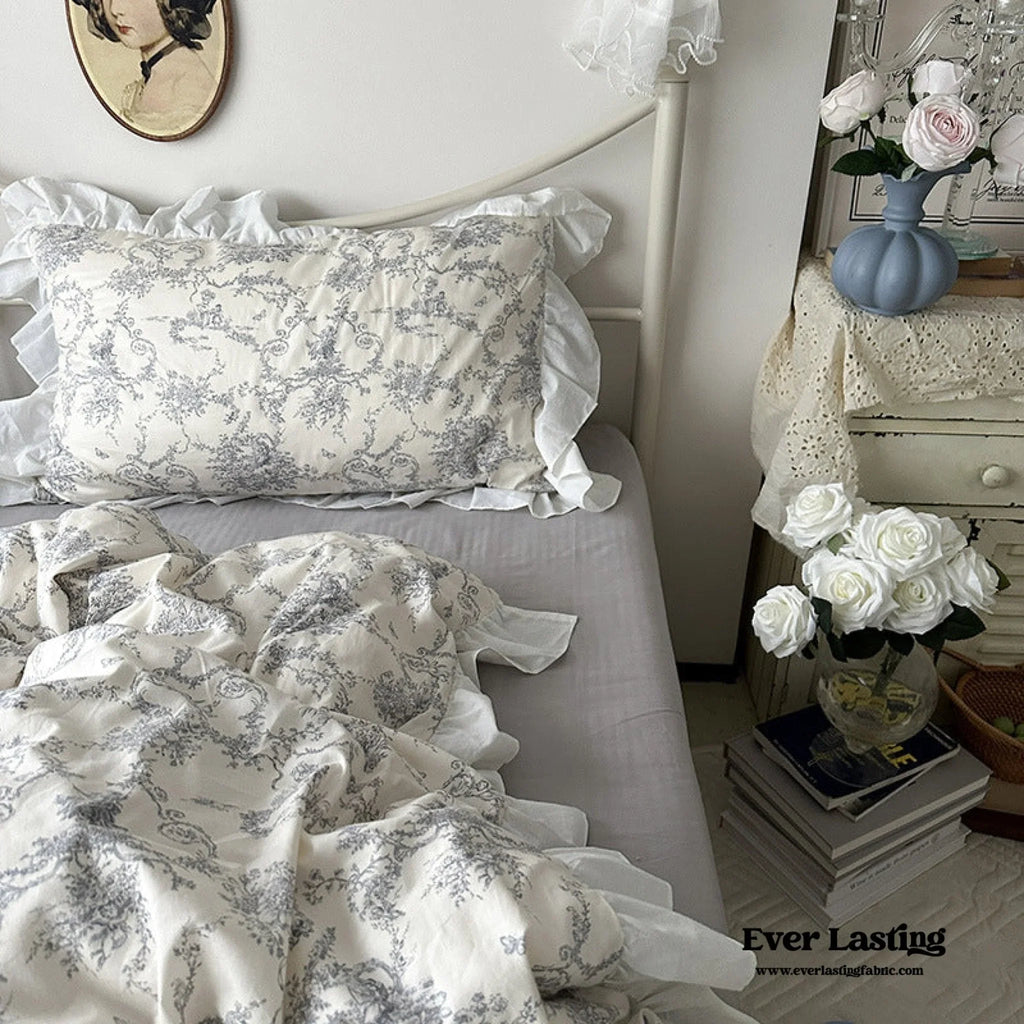 French Ruffle Floral Bedding Set / Gray Ever Lasting
