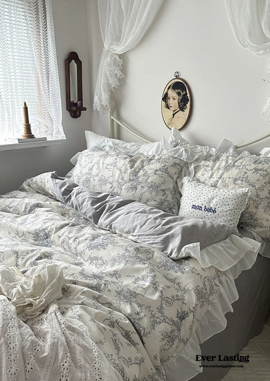 French Ruffle Floral Bedding Set / Gray Ever Lasting